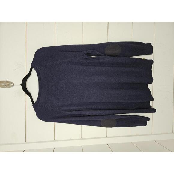 J Crew Large green & cream striped sweater and navy blue sleeves with elbow pads - Picture 2 of 5